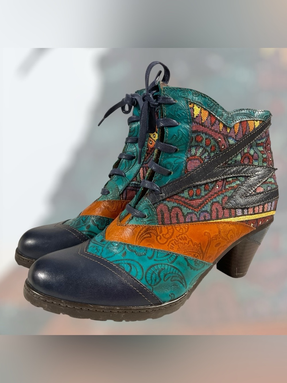 Socofy Women's Multicolor Lace-Up Ankle Boots Teal/Orange/Black EU 39/US 8-8.5
